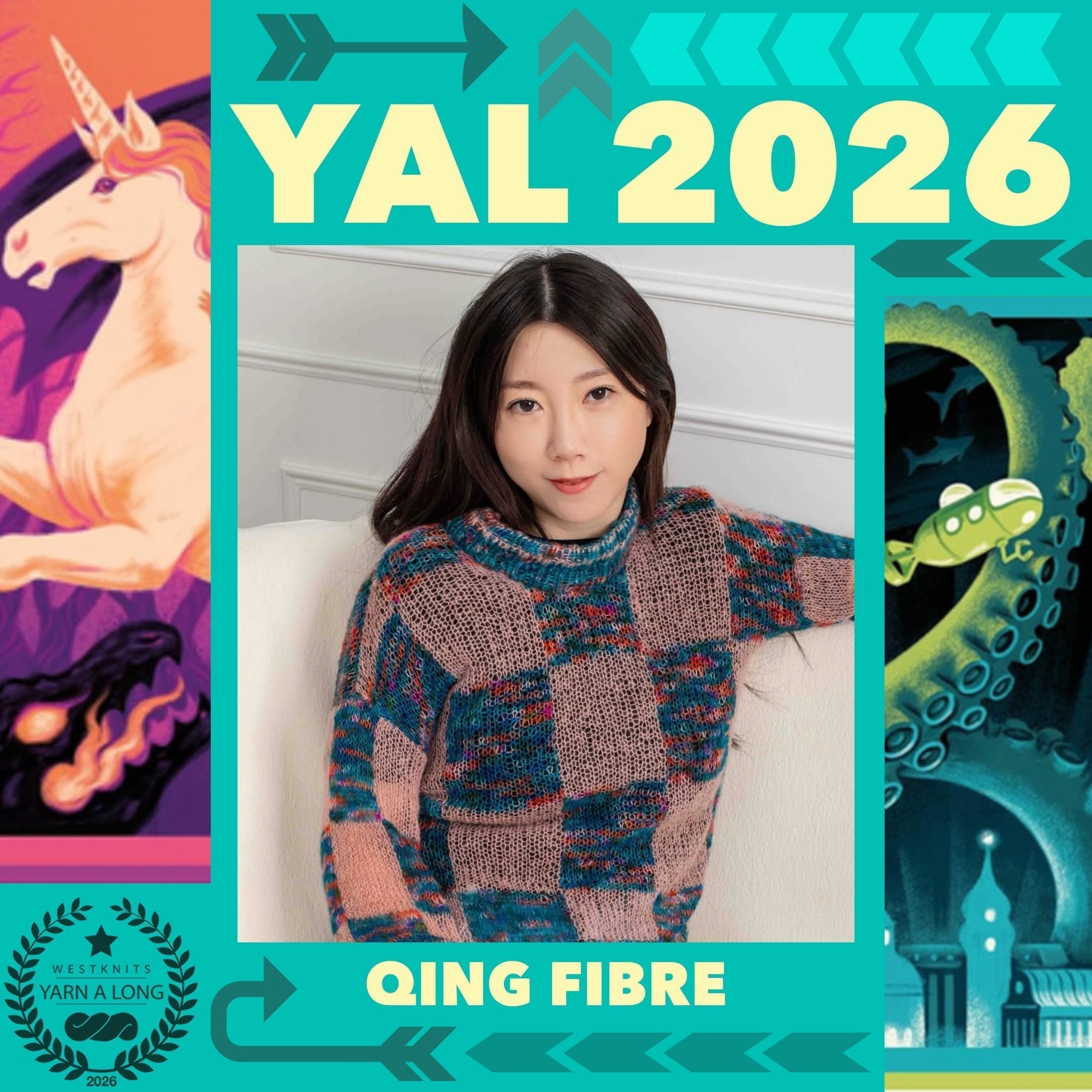 Poster reading "YAL 2026" showing a Layla in a checkerboard knit sweater with label "Qing Fibre".