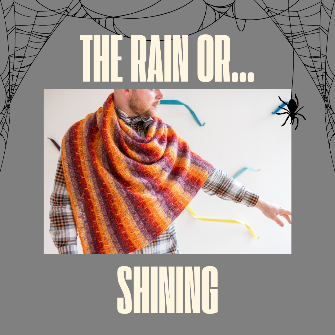 Stephen West wearing a  white, black and orange checkered short covered with a striped orange and purple knitted shawl.  Text reads The rain or shining. 