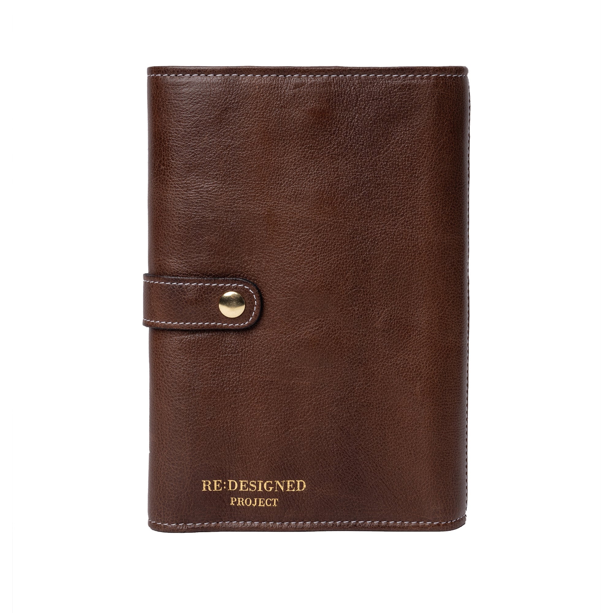 Brown leather needle case with gold accent on a white background