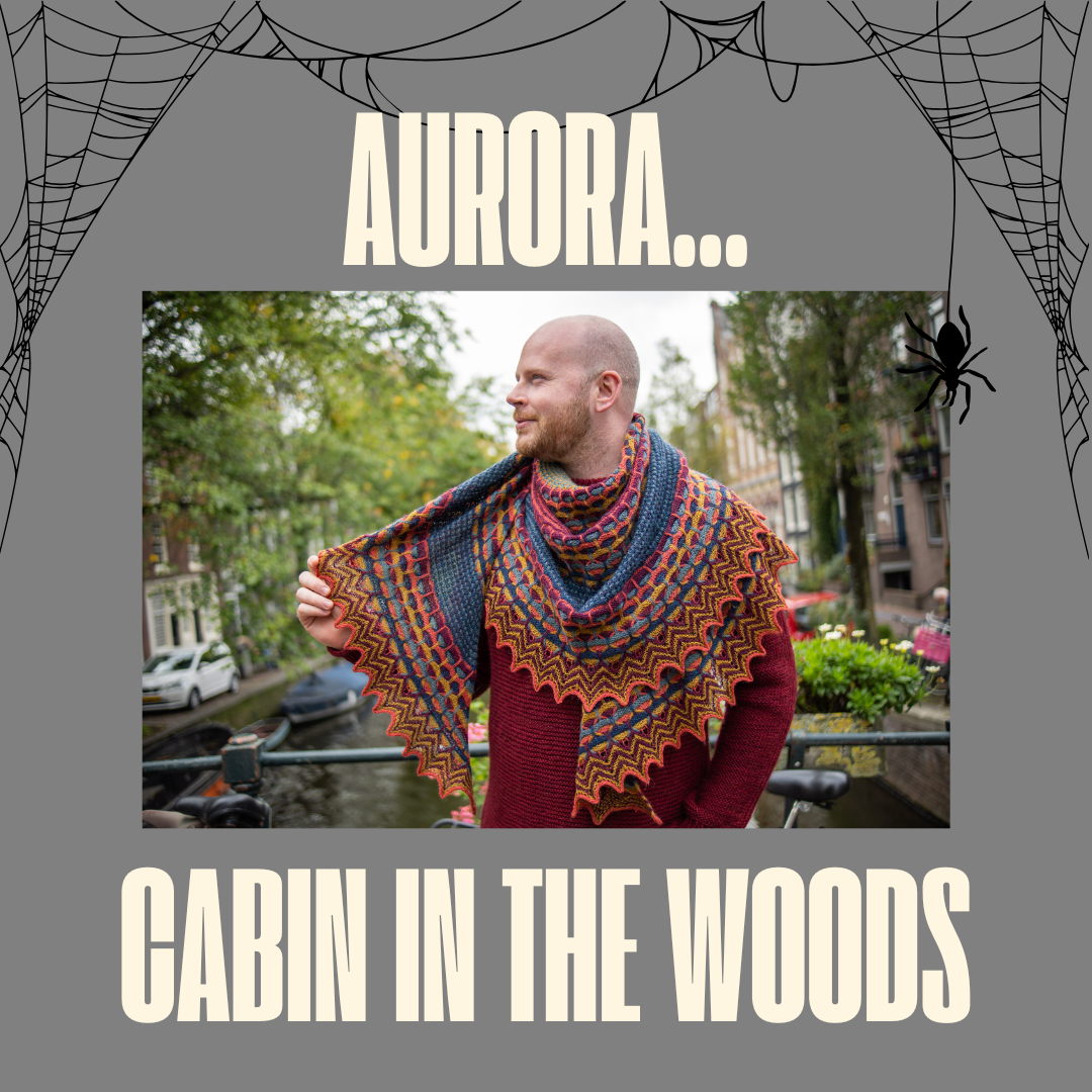 Stephen West wearing a red knitted jumper standing on a bridge in Amsterdam with a canal in the background. Stephen has a shawl of autumnal colours in striped graphic design . Text reads Aurora Cabin in the woods.