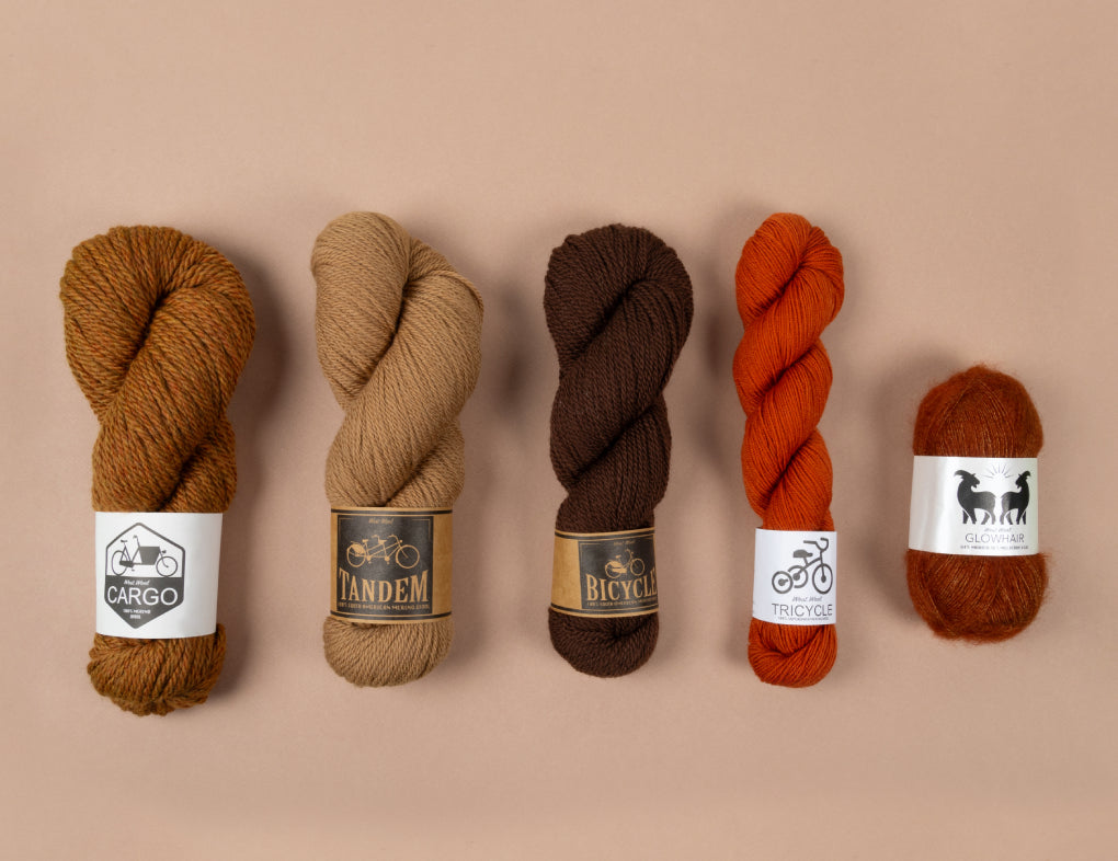 This image shows 5 skeins of West Wool yarn in brown gradient on a light brown background. Each skein is in a different shade of brown and of a different base (Tandem, Cargo, Tricycle, Bicycle, Glowhair). 