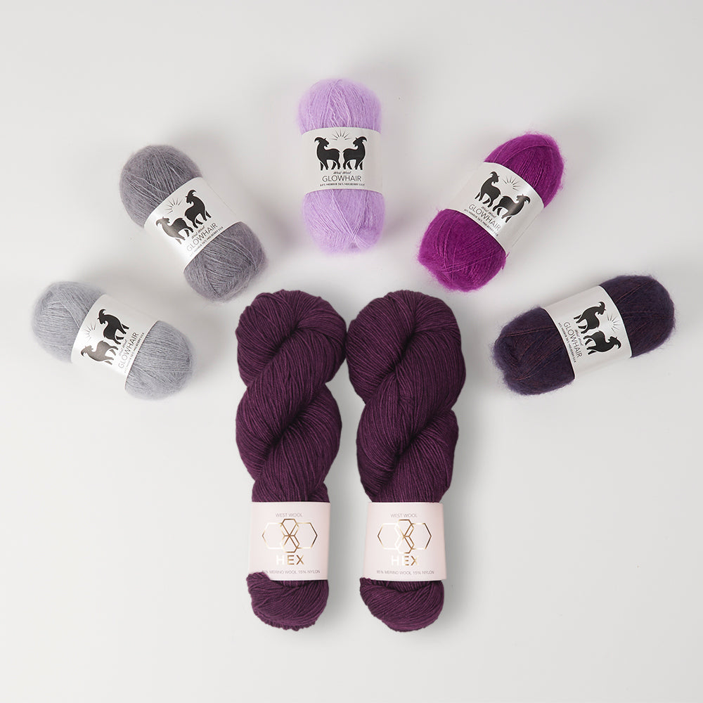 West Wool GLOW ALONG 2026 - GLOWING AUBERGINE Mohair Silk Merino wool Nylon Mixed Weight Quick Kits