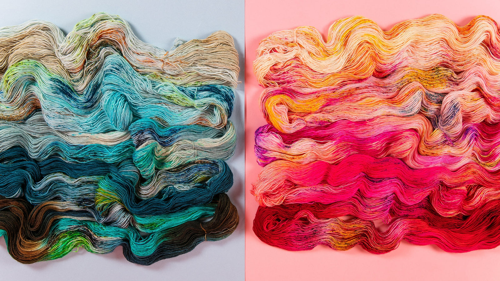 Two layouts of colorful yarn on a pink and blue background