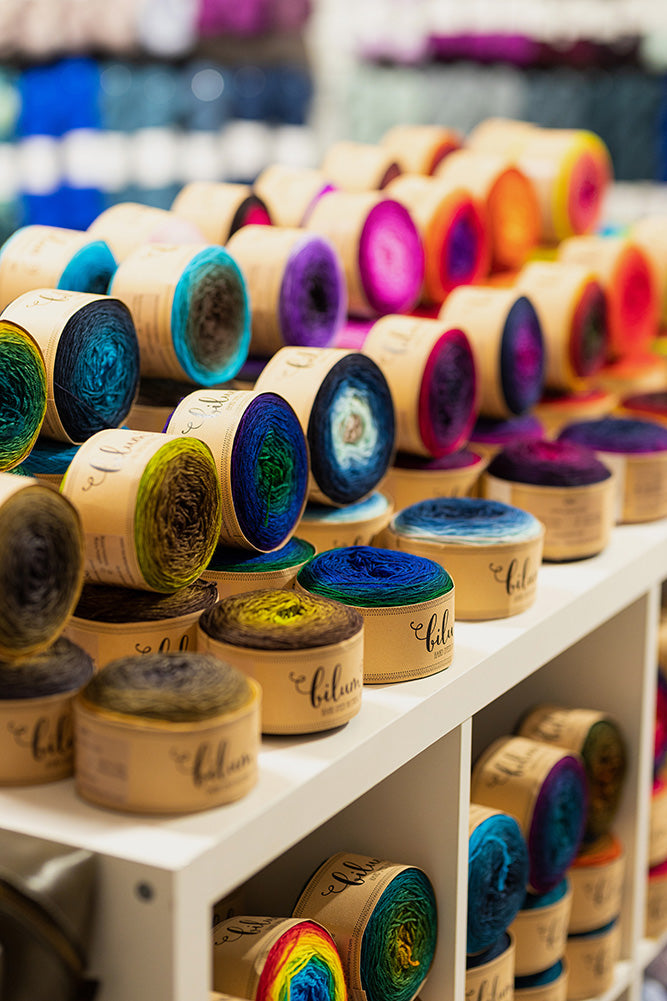 This image shows a close-up of the yarn layout at the new Stephen & Penelope location in Amsterdam. 