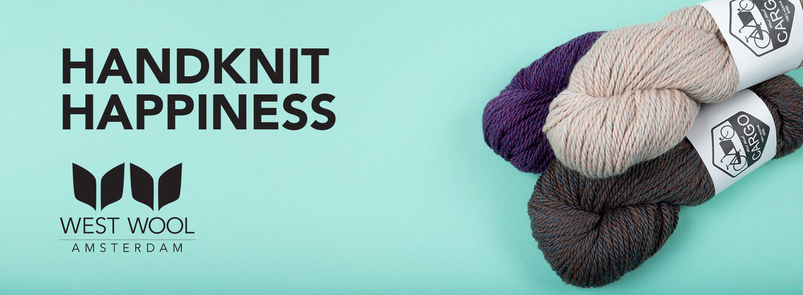 This image shows three skeins of West Wool chunky weight Cargo in cream, brown, and purple tones on a pastel green background. The text recites "Handknit Happiness" and includes the West Wool logo. 