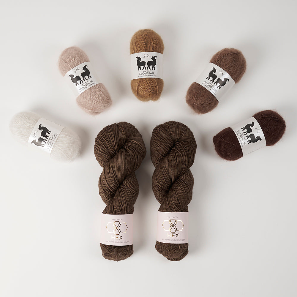 West Wool GLOW ALONG 2026 - GLOWING BROWNS Mohair Silk Merino wool Nylon Mixed Weight Quick Kits