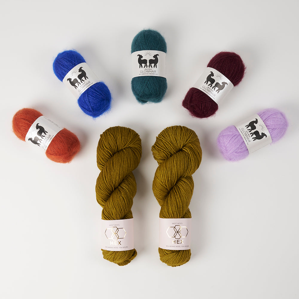 West Wool GLOW ALONG 2026 - GLOWING GORSE Mohair Silk Merino wool Nylon Mixed Weight Quick Kits