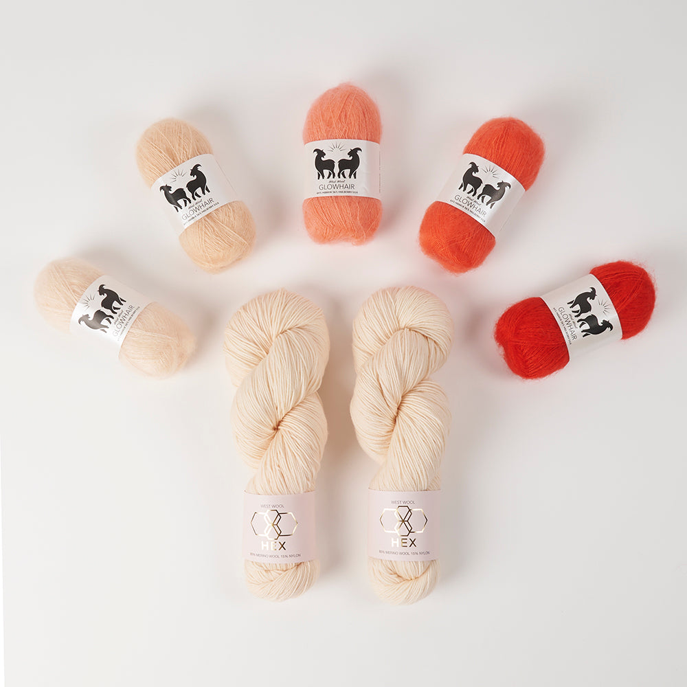 West Wool GLOW ALONG 2026 - GLOWING PEACH Mohair Silk Merino wool Nylon Mixed Weight Quick Kits