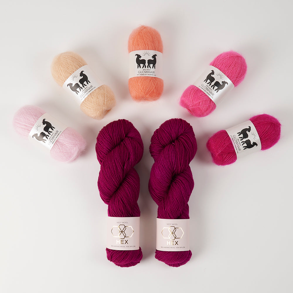 West Wool GLOW ALONG 2026 - GLOWING PINKS Mohair Silk Merino wool Nylon Mixed Weight Quick Kits