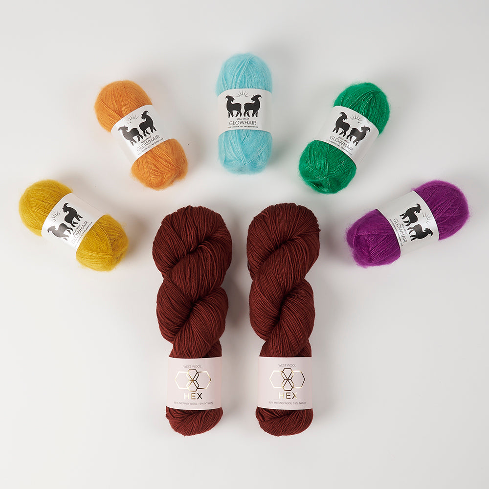 West Wool GLOW ALONG 2026 - GLOWING POP Mohair Silk Merino wool Nylon Mixed Weight Quick Kits