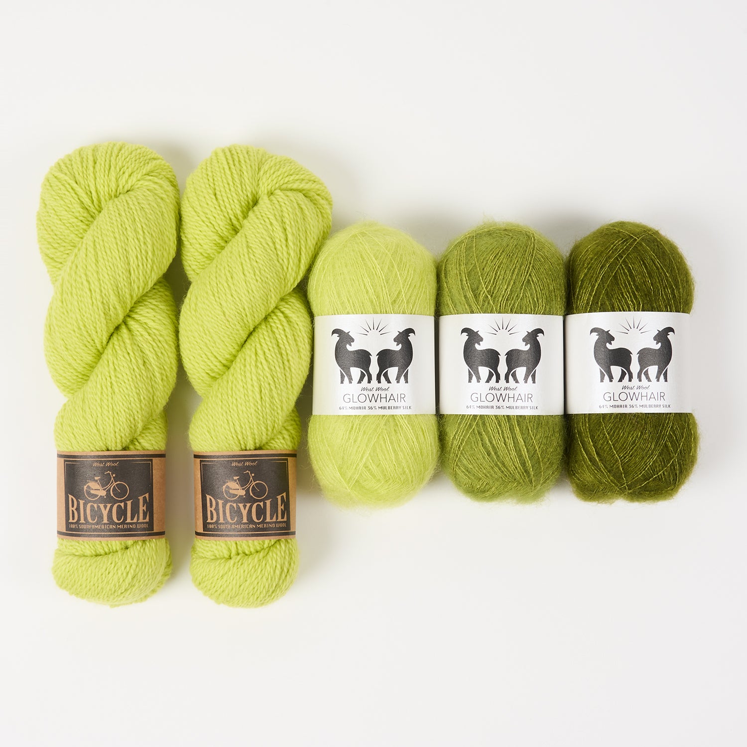 West Wool GREEN VEGGIES Mohair Silk Merino wool Mixed Weight Quick Kits