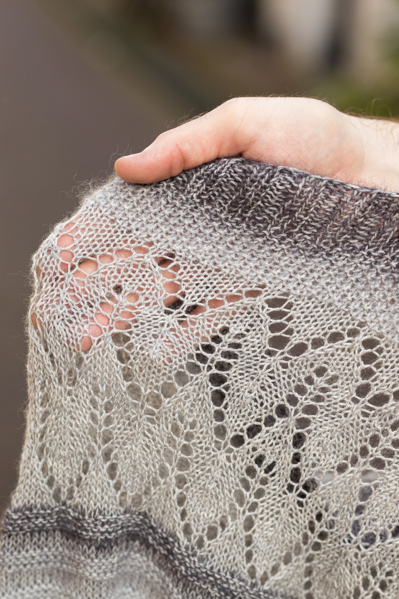 Details of the Glowhair Frost Cowl by Westknits in grey tones.