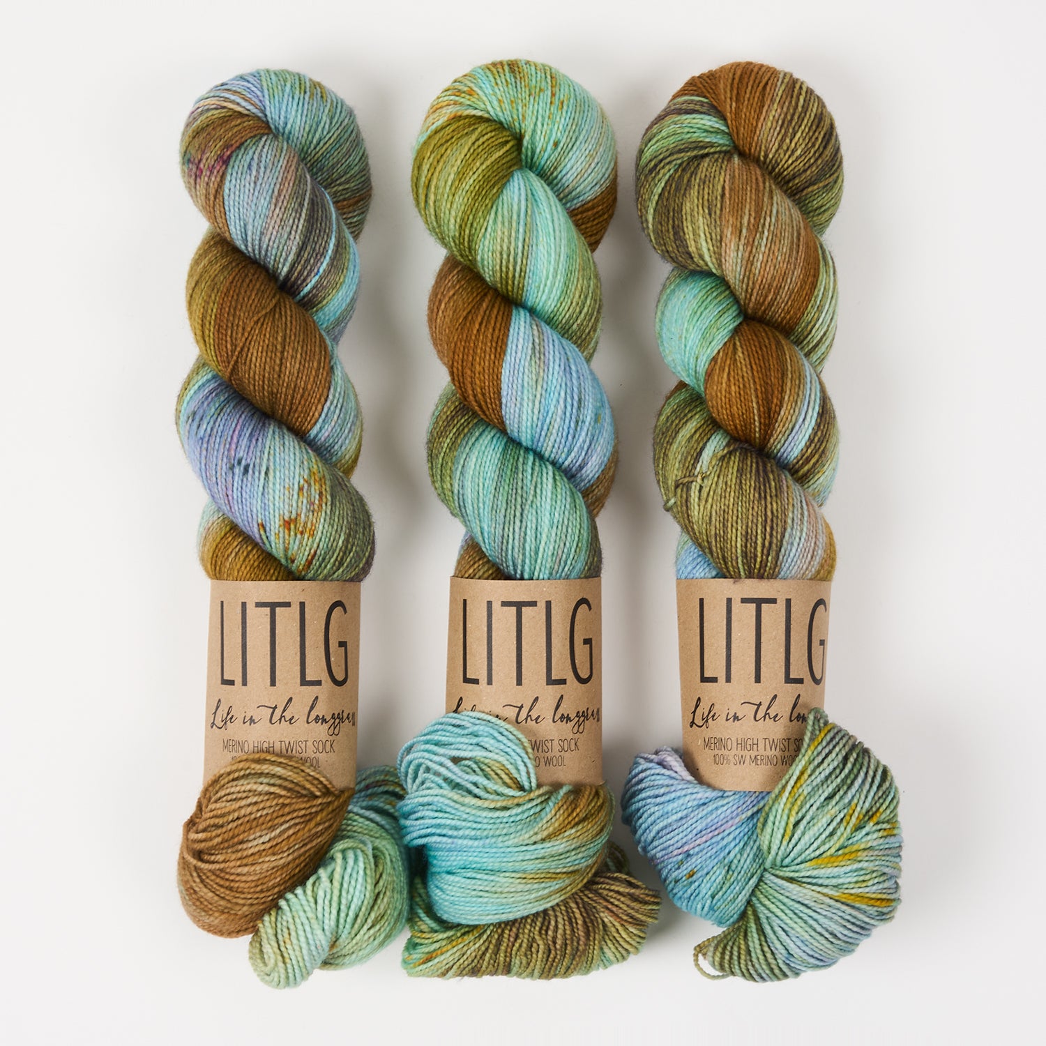 Life in The Long Grass HIGH TWIST SOCK - FIREFLY Merino wool Fingering multicolour brown green blue Yarn