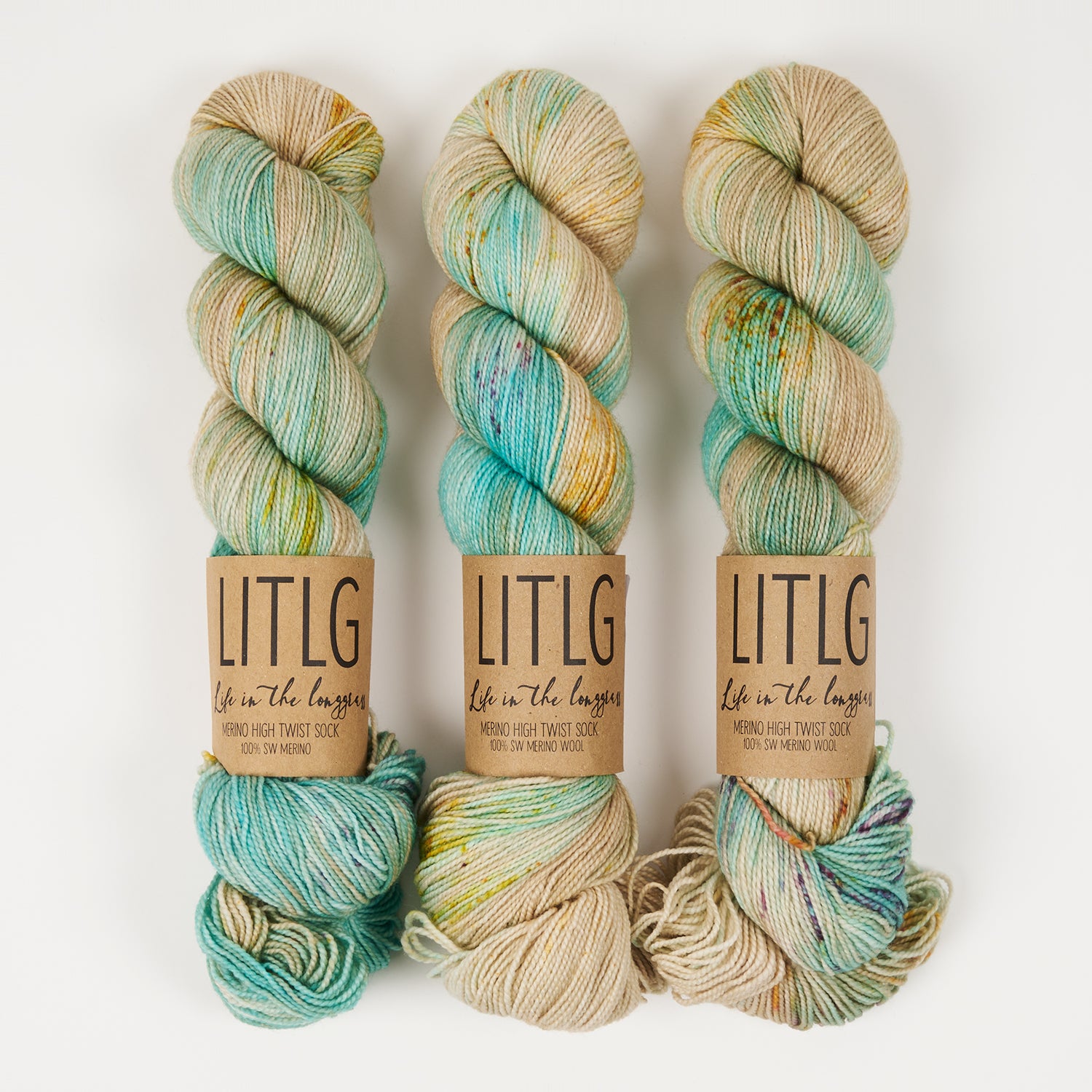 Life in The Long Grass HIGH TWIST SOCK - PORCELAIN Merino wool Fingering beige turquoise Yarn