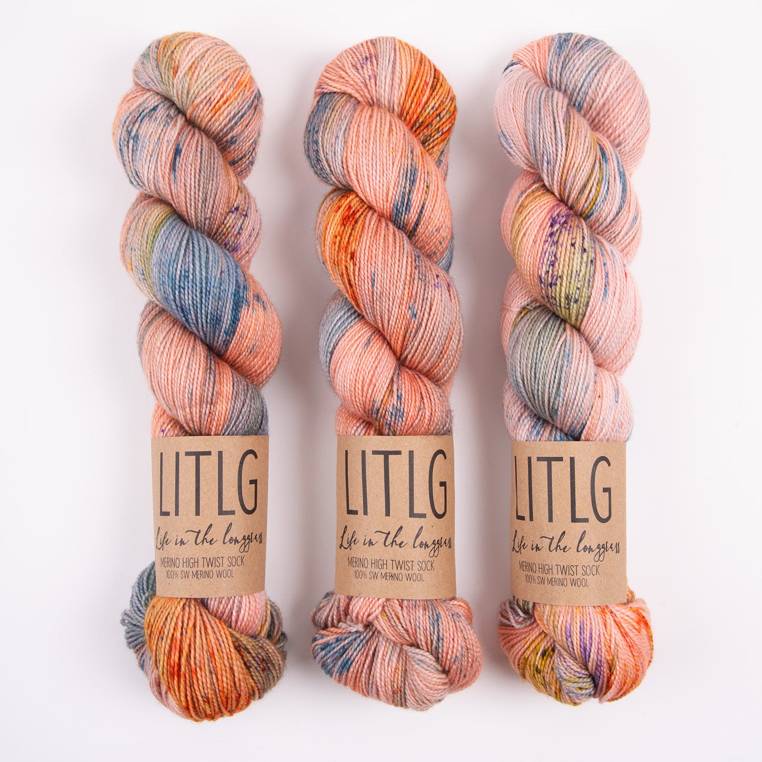 Life in The Long Grass HIGH TWIST SOCK - REALM Merino wool Fingering multicolour peach Yarn