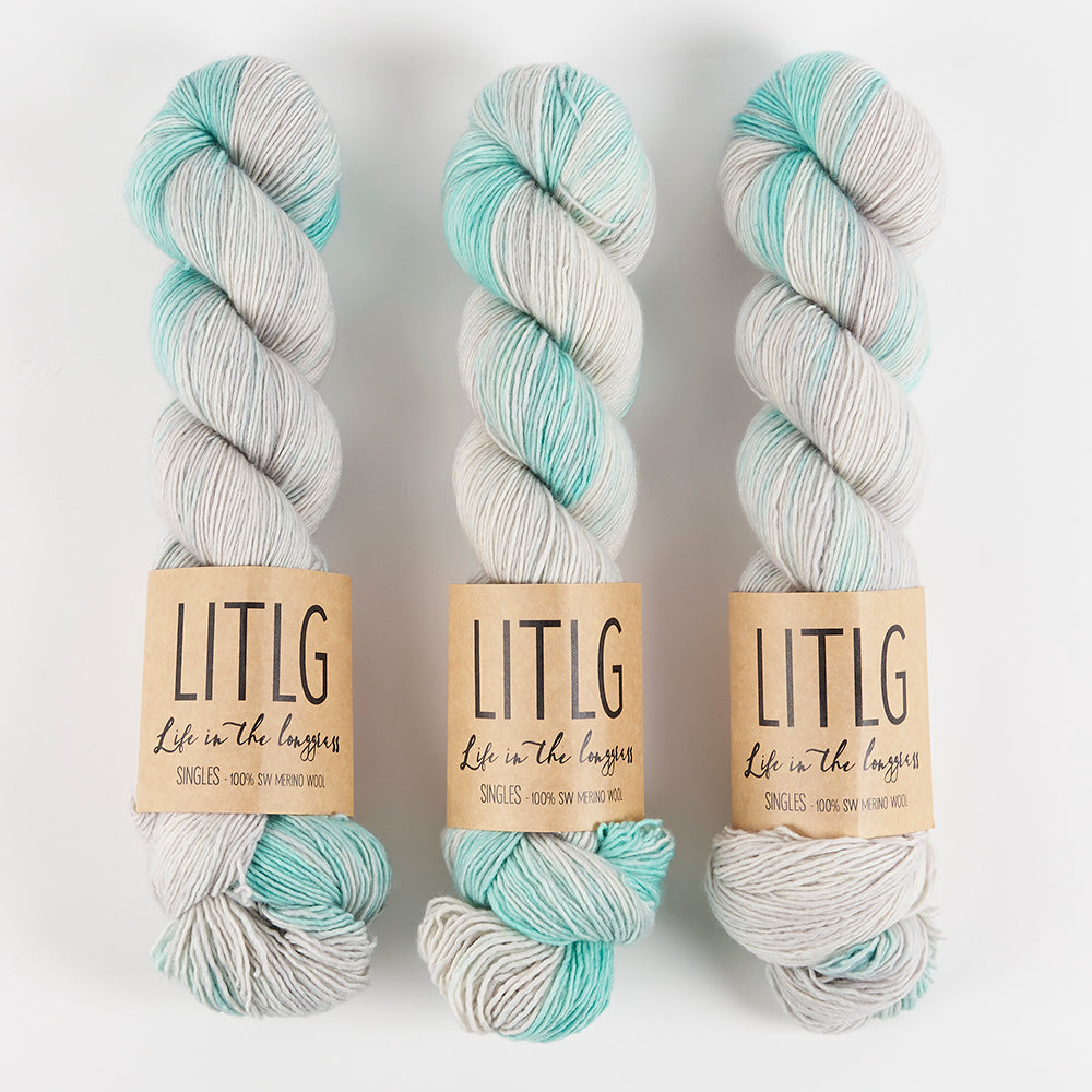 Life in The Long Grass LITLG SINGLES - REFLECTIVE Merino wool Fingering grey turquoise Yarn