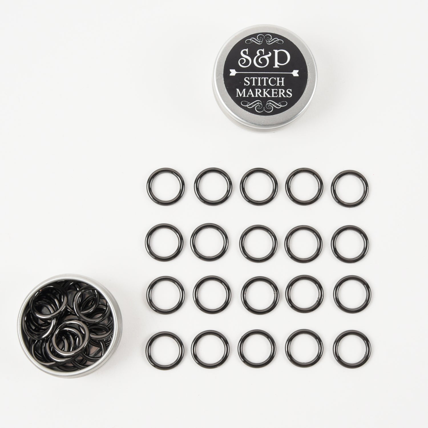Stephen & Penelope Notions ROUND LG ZINC ALLOY BLACK STITCH MARKERS 20 PCS Tools