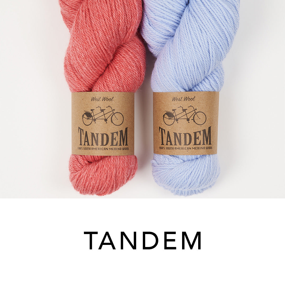 This image shows 2 skeins of West Wool Tandem in coral and light blue, on a white background. 