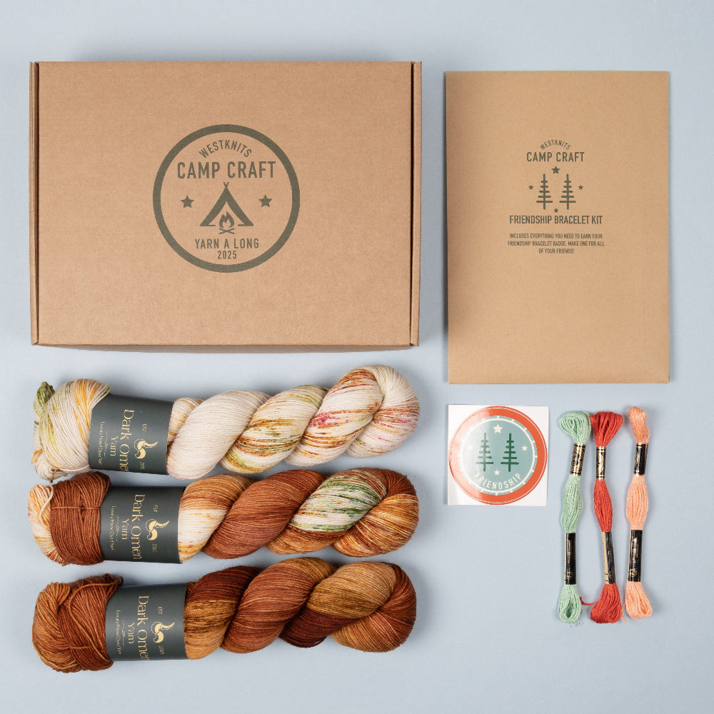 This image shows the second box of the 2025 YAL from Westknits. It contains three skeins of brown shades yarn from Dark Omen Yarn, a brown notebook, a sticker, and three embroidery threads. 
