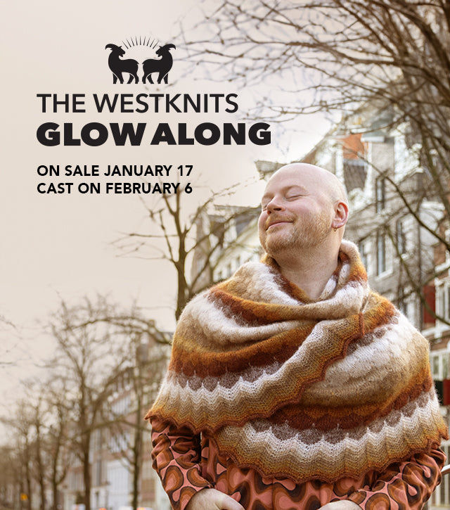 This image advertises "The Westknits Glow Along," with details about it going on sale January 17 and starting on February 6. It features Stephen West wearing a beautifully knitted shawl in warm, earthy tones. The background shows a tree-lined street, and the text includes a logo with the West Wool Glohair logo .