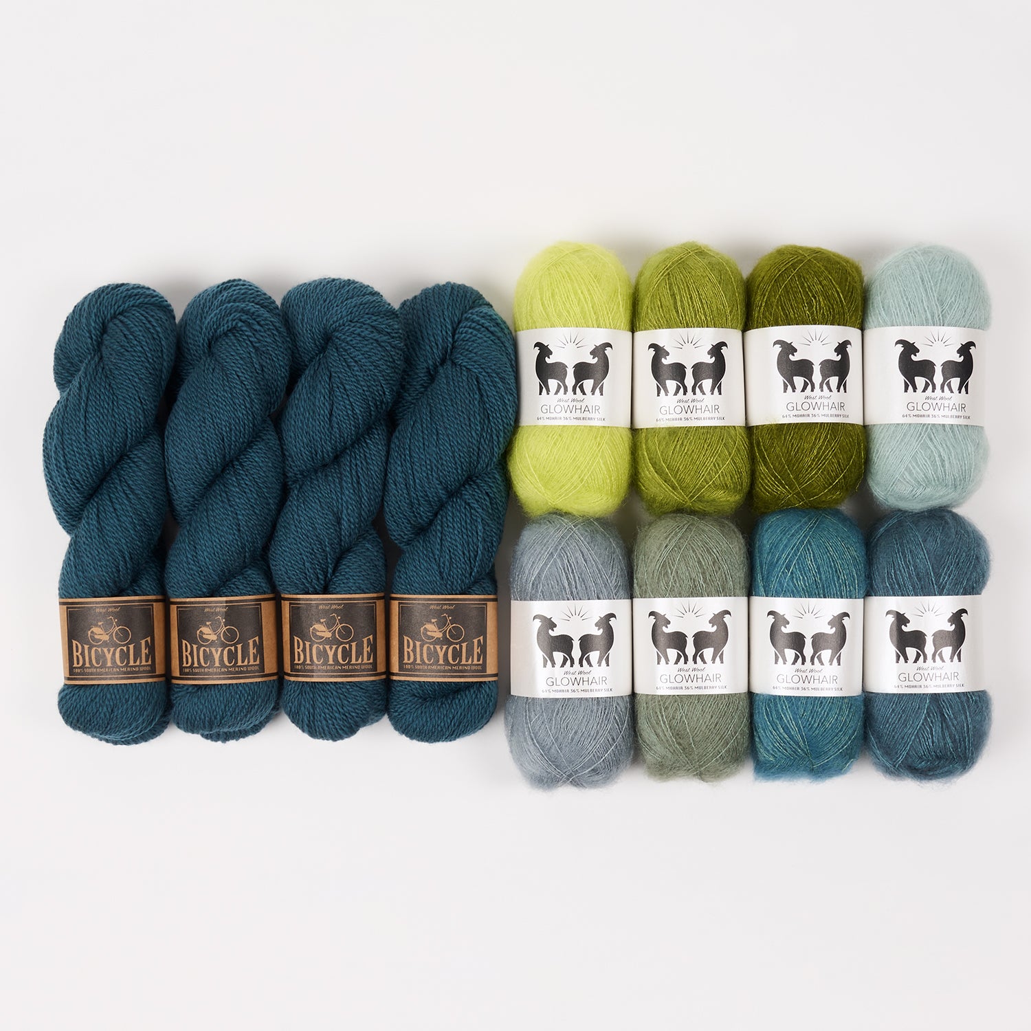 West Wool GREEN RAINBOW Mohair Silk Merino wool Mixed Weight Quick Kits